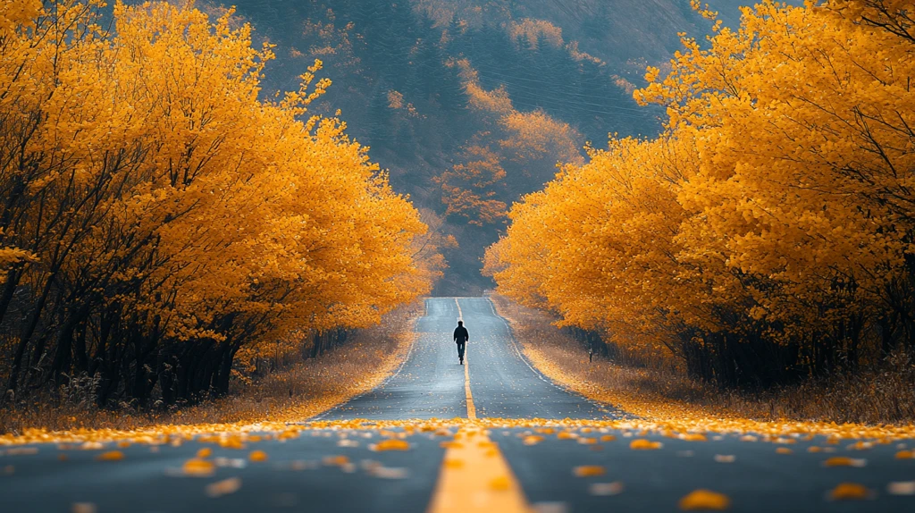 骑行者穿越铺满黄叶的山间道路