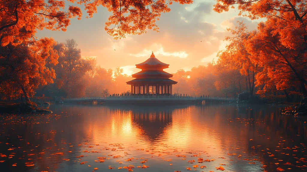 红叶环绕下的中式多层古建筑