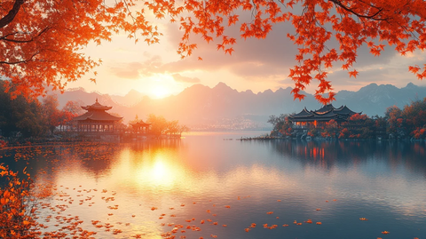 红叶环绕下的中式多层古建筑