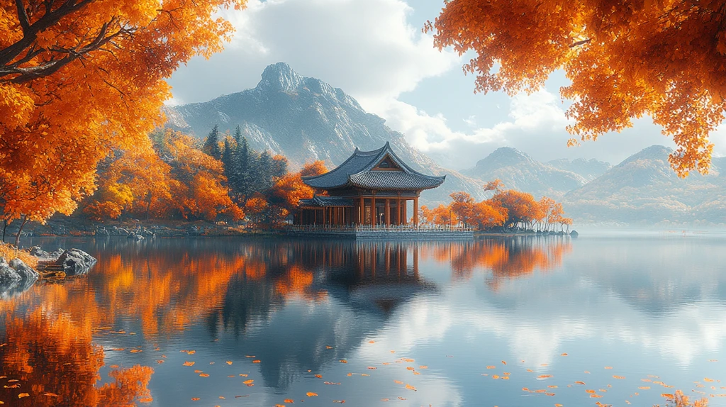 红叶环绕下的中式多层古建筑