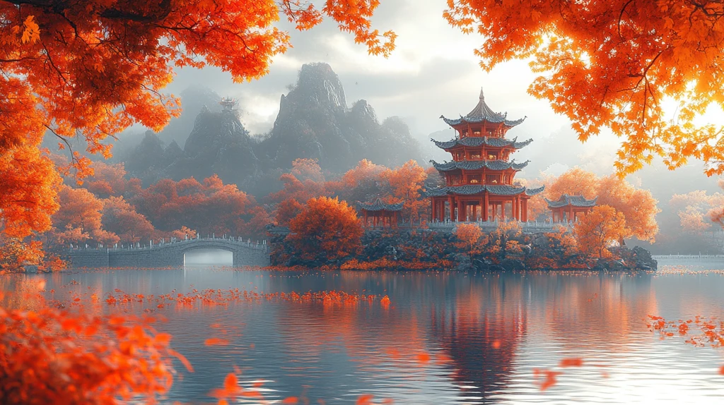 红叶环绕下的中式多层古建筑