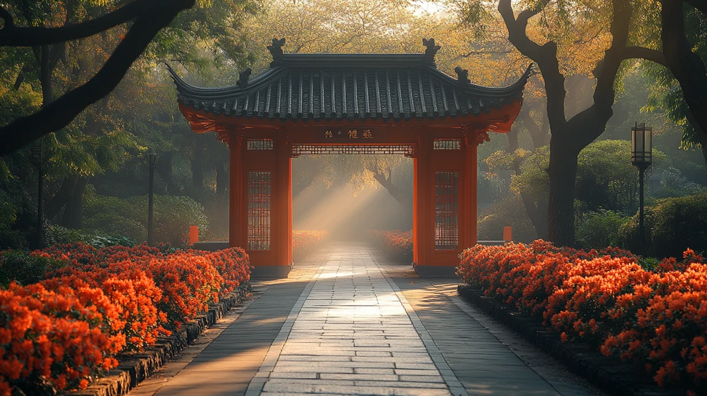 中式古亭被缤纷花草树木环绕的景象