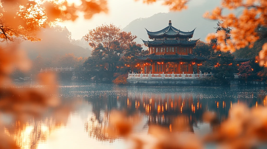 中式古亭被缤纷花草树木环绕的景象