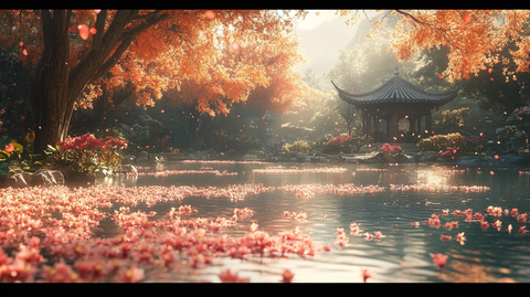 中式古亭被缤纷花草树木环绕的景象