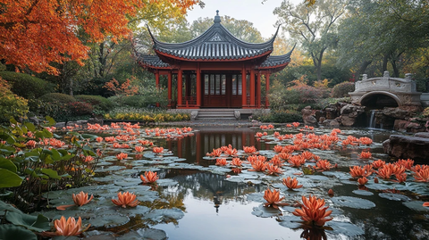 中式古亭被缤纷花草树木环绕的景象