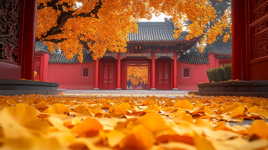 红墙拱门旁银杏叶落满的唯美景致