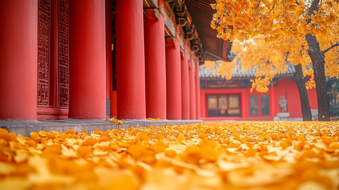红墙拱门旁银杏叶落满的唯美景致