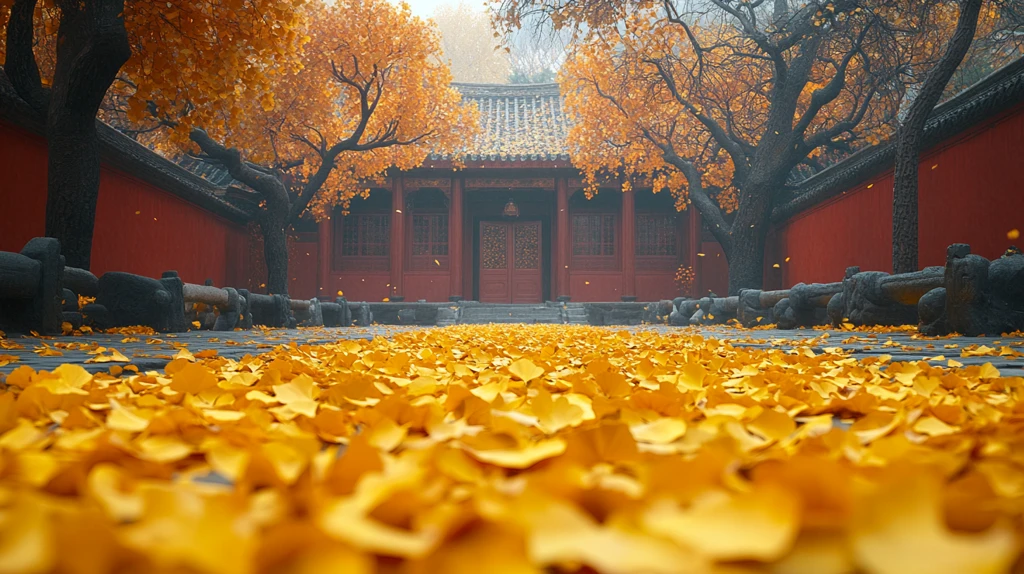 红墙拱门旁银杏叶落满的唯美景致