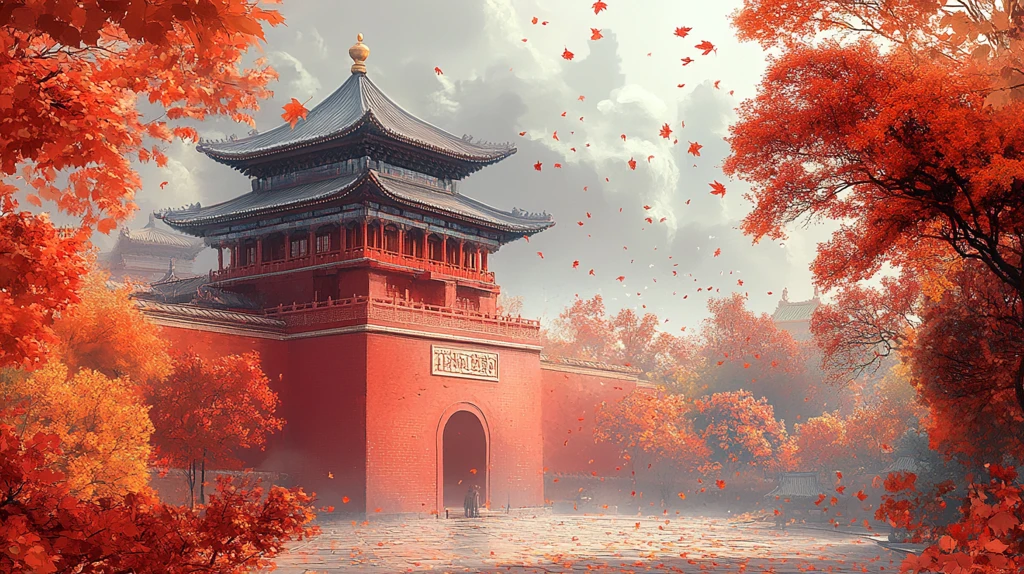 红墙古建筑旁飘落金黄树叶的秋日景象