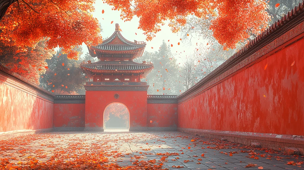 红墙古建筑旁飘落金黄树叶的秋日景象