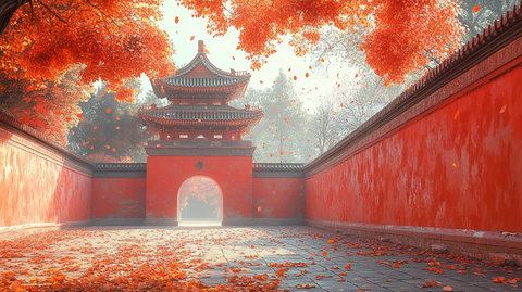 红墙古建筑旁飘落金黄树叶的秋日景象