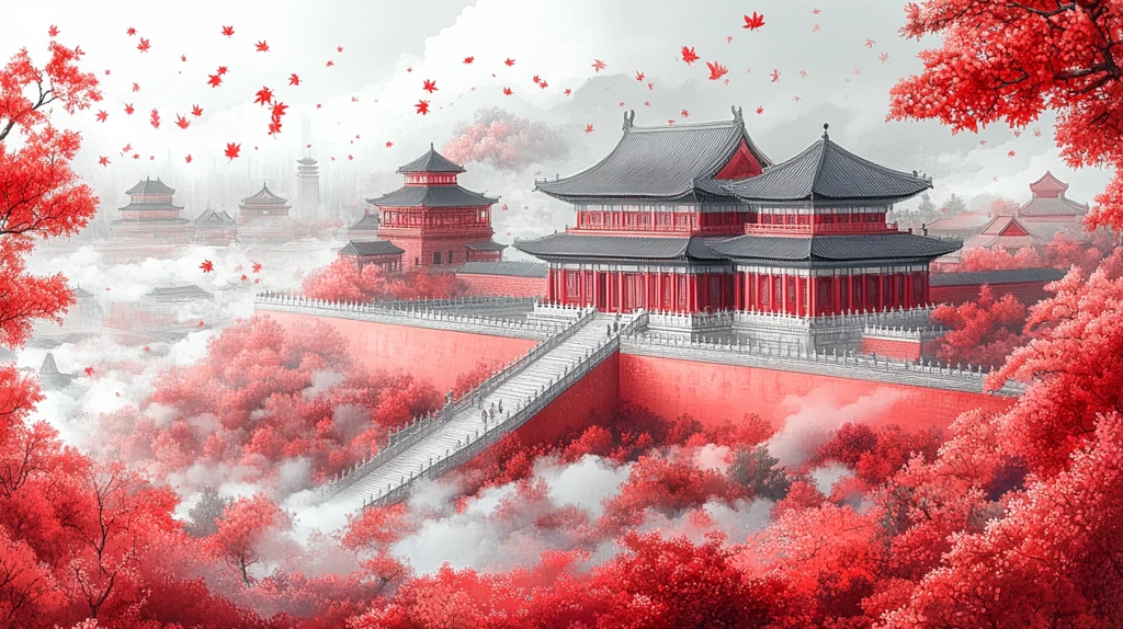 红墙古建筑旁飘落金黄树叶的秋日景象