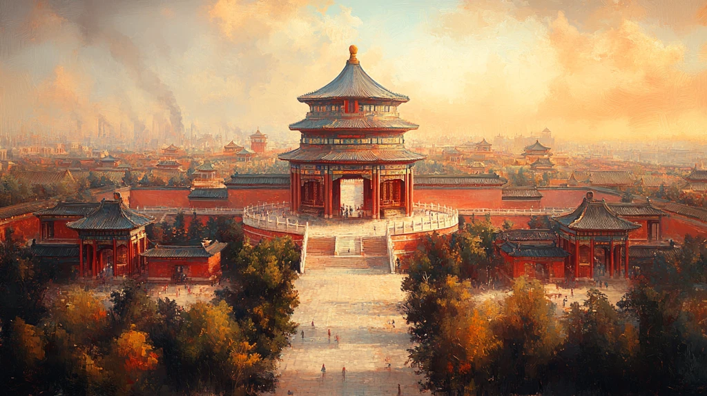 俯瞰天坛古建筑人群聚集的宏大场面