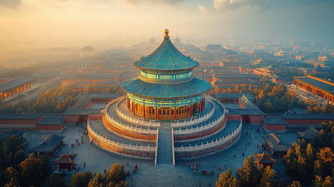 俯瞰天坛古建筑人群聚集的宏大场面