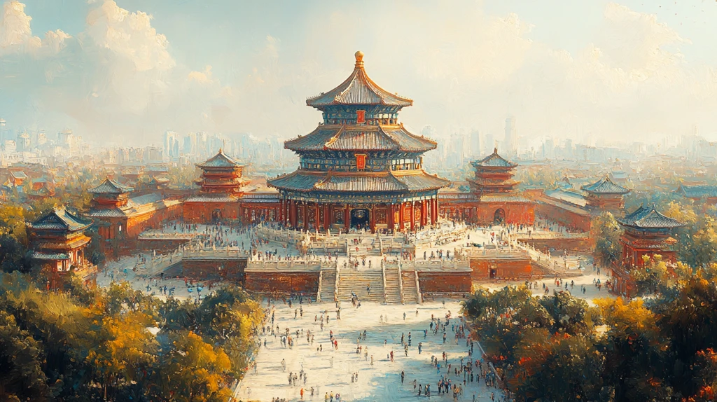 俯瞰天坛古建筑人群聚集的宏大场面