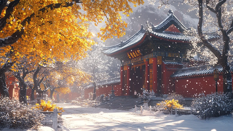 雪中古建筑旁身着白衣的人独自漫步