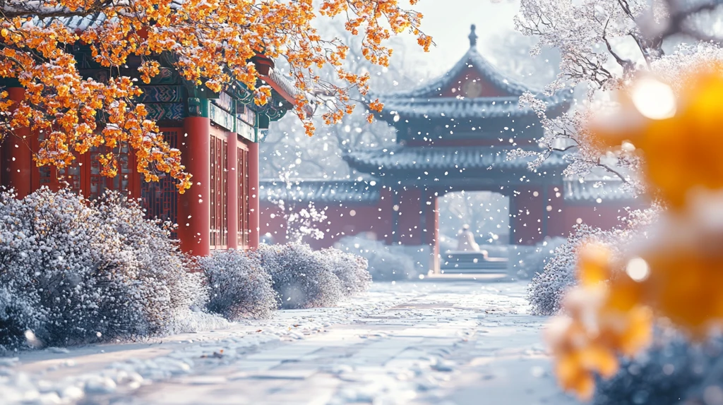 雪中古建筑旁身着白衣的人独自漫步