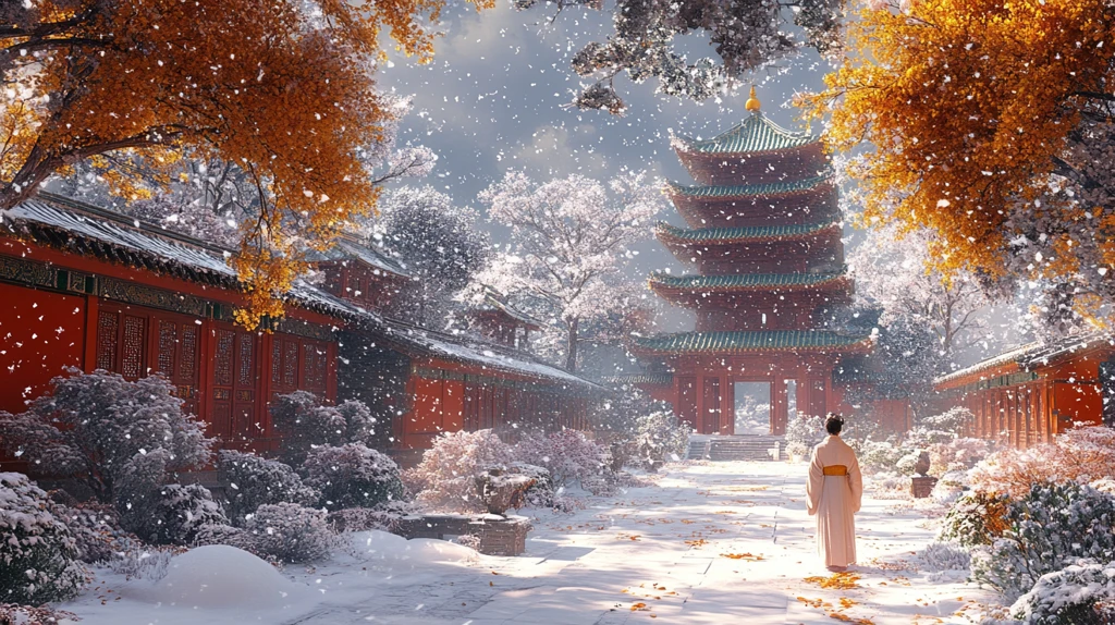 雪中古建筑旁身着白衣的人独自漫步