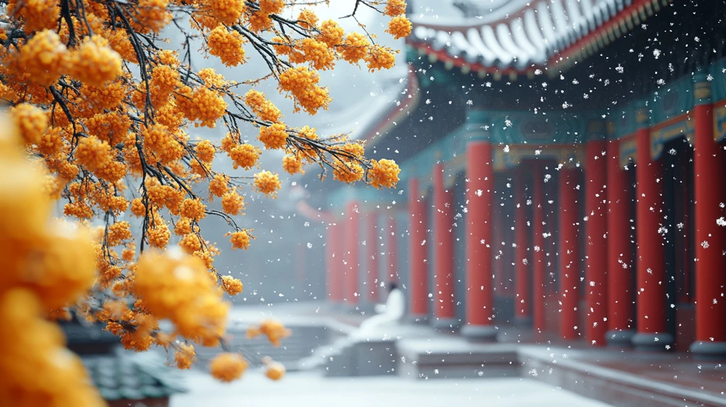 雪中古建筑旁身着白衣的人独自漫步