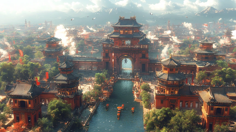 晨光中的古建筑鸟瞰全景