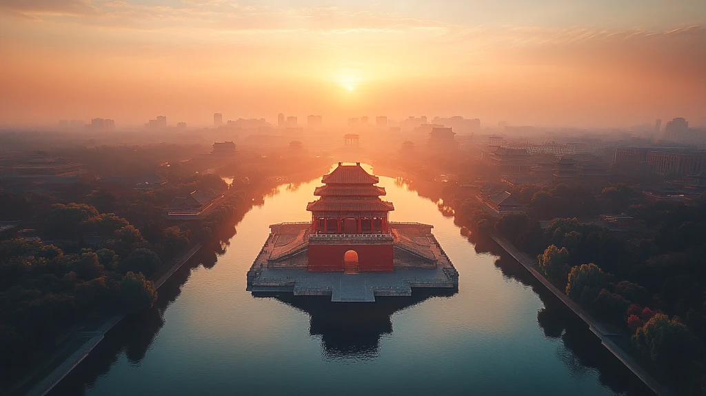 晨光中的古建筑鸟瞰全景