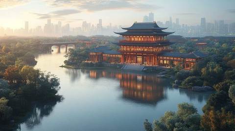 晨光中的古建筑鸟瞰全景