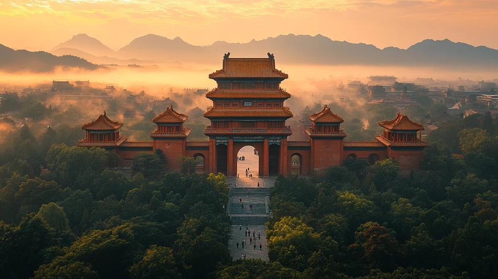 晨光中的古建筑鸟瞰全景