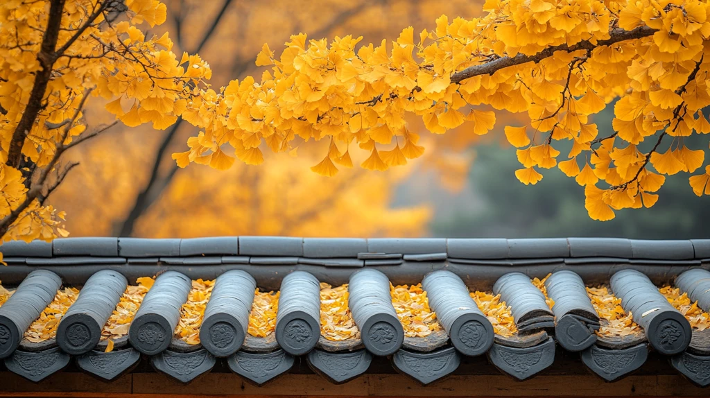 古建筑屋顶上铺满金黄银杏树叶