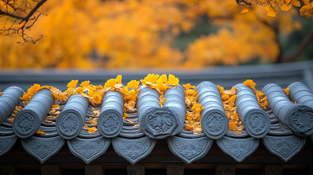 古建筑屋顶上铺满金黄银杏树叶