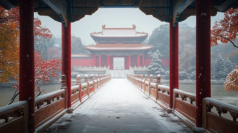 红墙白雪下挂满果实的树枝