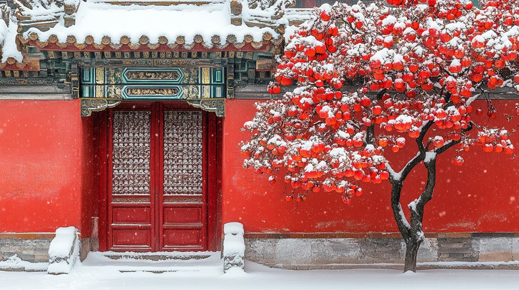 红墙白雪下挂满果实的树枝