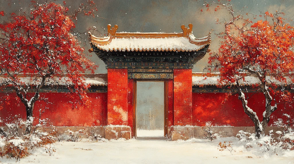 红墙白雪下挂满果实的树枝