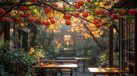 庭院柿子树旁的桌椅景致