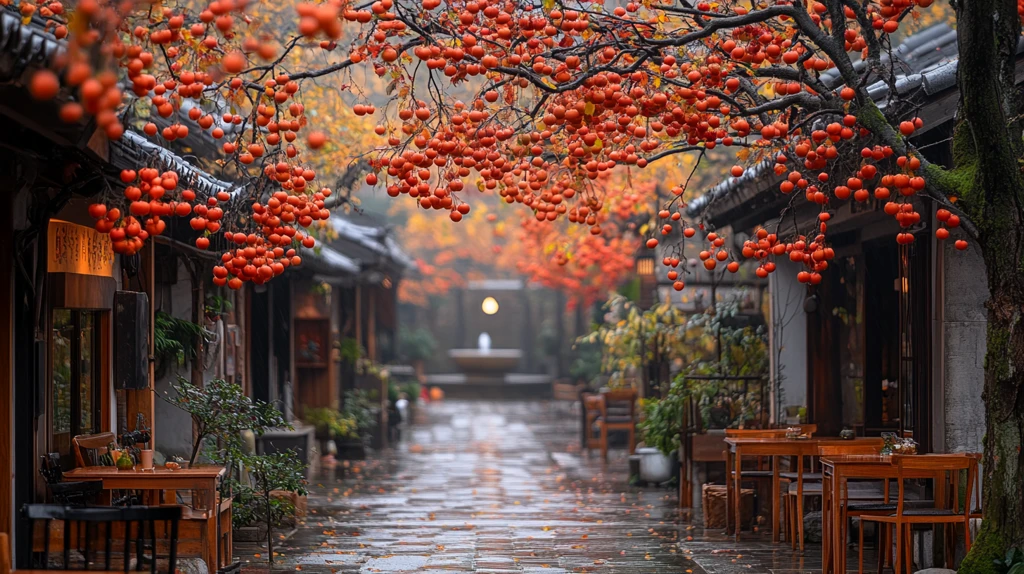 庭院柿子树旁的桌椅景致