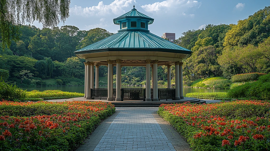 户外园林中的圆形凉亭全景