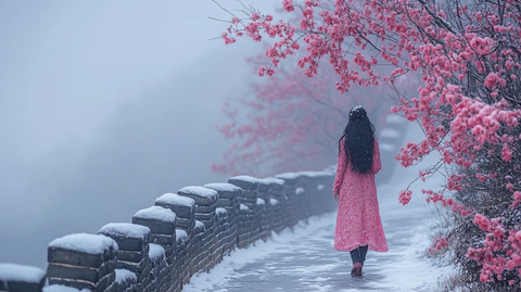 雪中的长城与盛开的桃花相映成趣