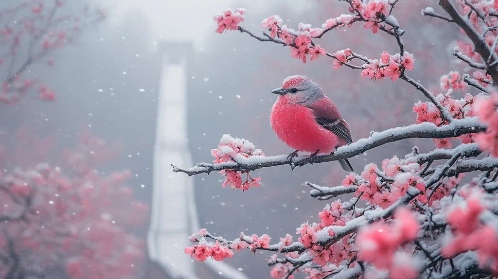 雪中的长城与盛开的桃花相映成趣