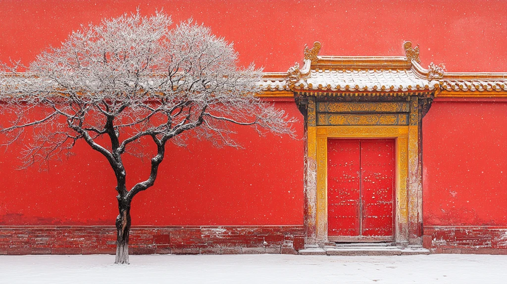 红墙雪景中的孤树