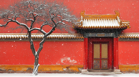 红墙雪景中的孤树