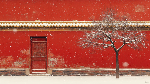 红墙雪景中的孤树
