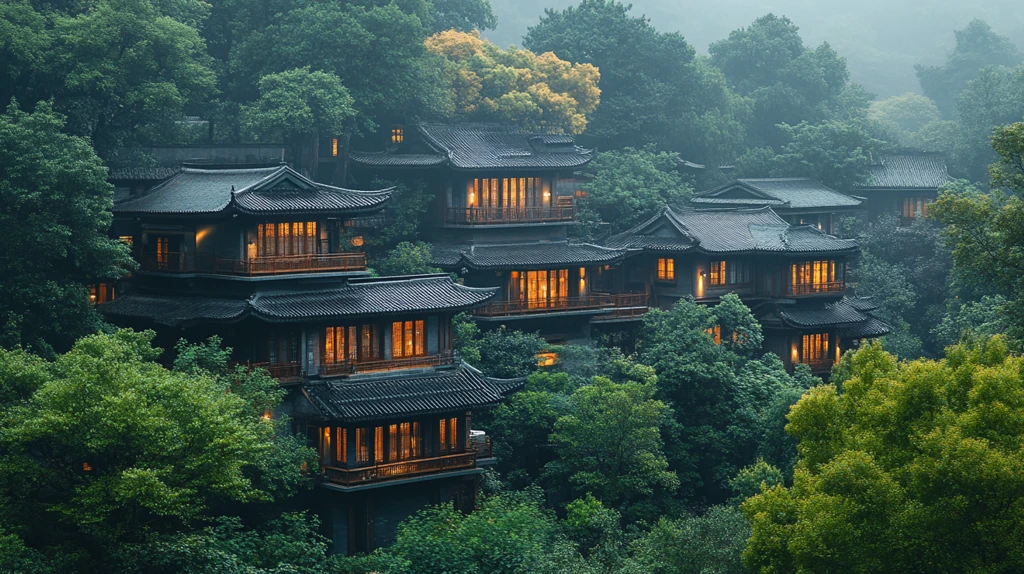 中式建筑旁的金黄银杏小道