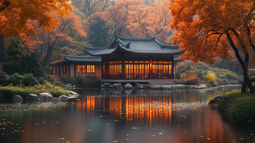 中式建筑旁的金黄银杏小道