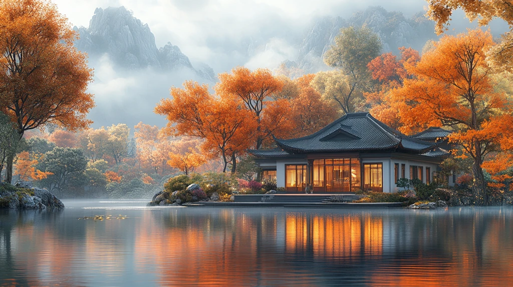 中式建筑旁的金黄银杏小道