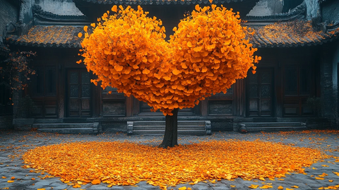 古建筑庭院中满地黄叶的银杏树