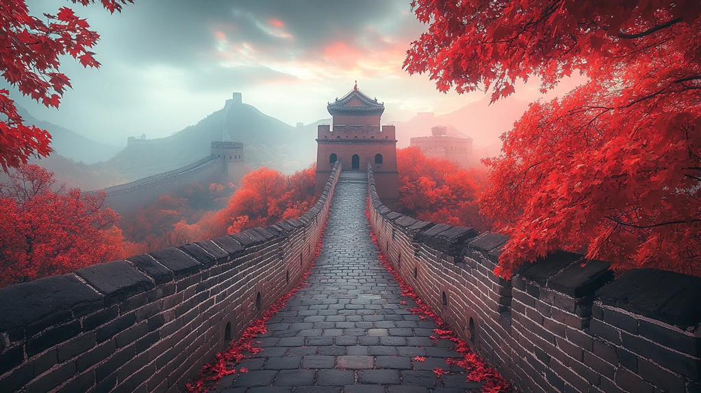 红叶漫山时的长城蜿蜒曲折景致