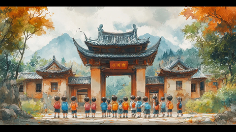 古建筑门前的小学生
