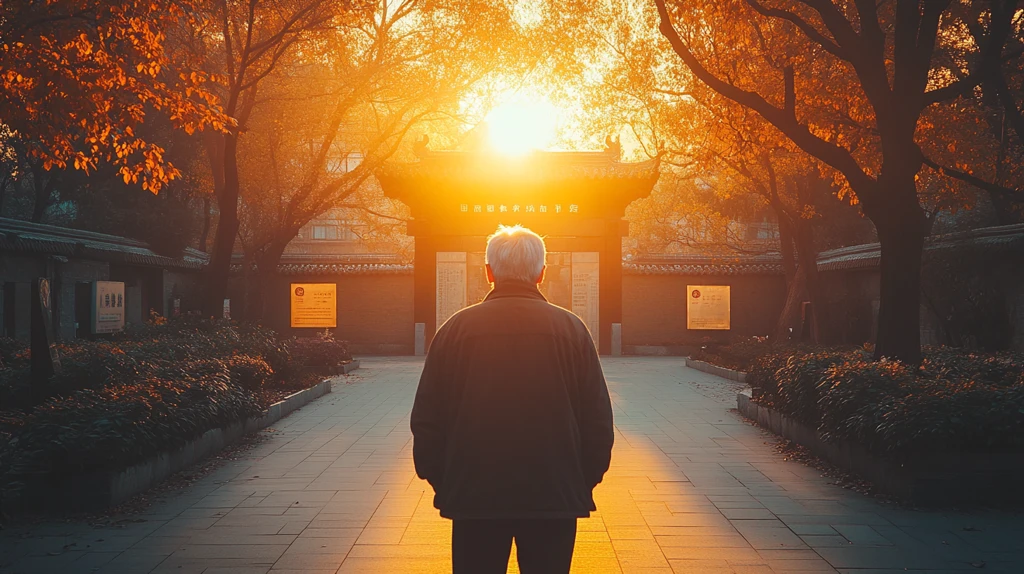 男子站在标志牌前的户外场景