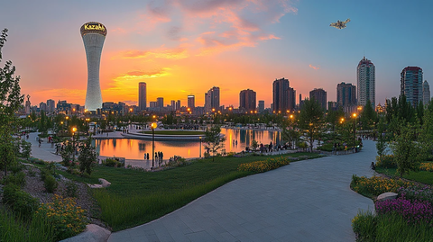 现代化都市中的大型绿地公园全景