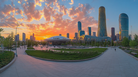 现代化都市中的大型绿地公园全景