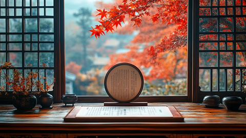 古色古香窗边桌上的书法作品